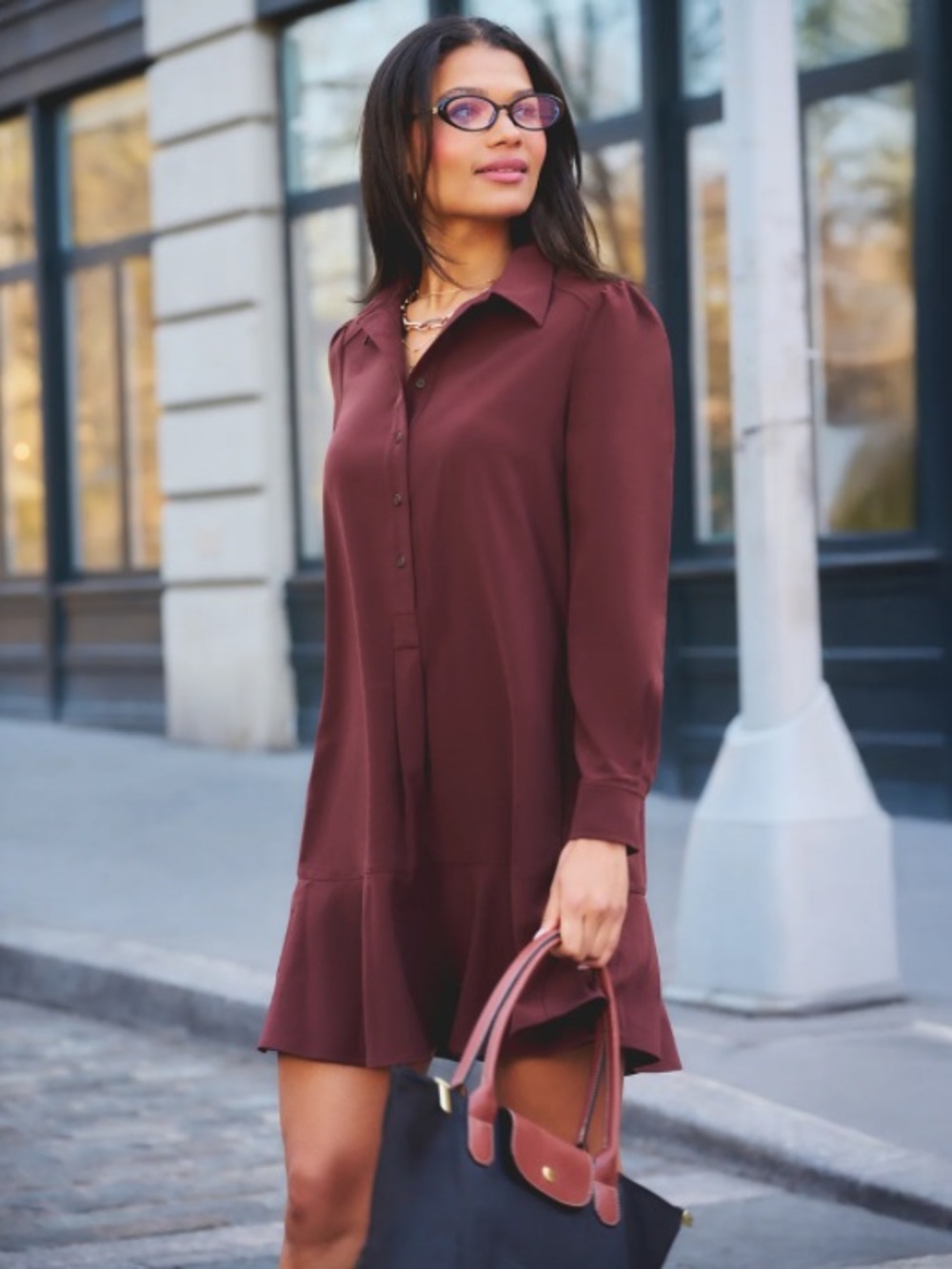 Adrianna Papell Hailey Chocolate Brown Long Sleeve Shirt Dress - Large